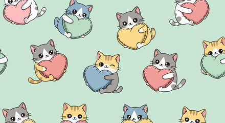 Cute Cartoon Cats Hugging Hearts Illustration.