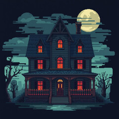 Creepy old house with glowing windows under full moon