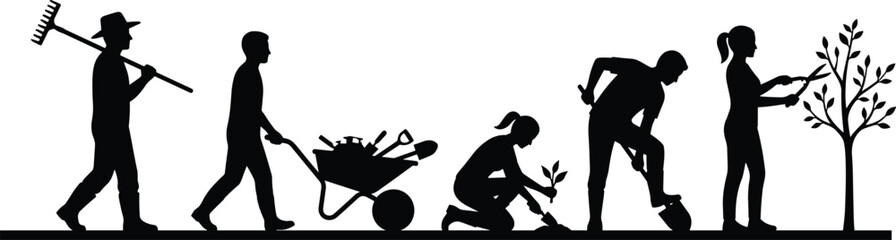 Black silhouette illustration of people performing gardening and farming activities including raking, pushing wheelbarrow, planting saplings, digging soil, and tree care outdoors