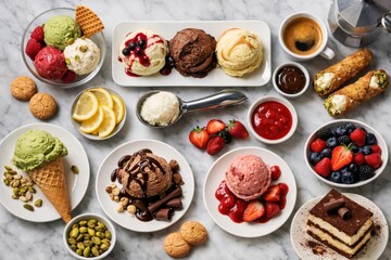 Indulgent dessert spread featuring artisan ice cream scoops, fresh fruits, decadent pastries, and espresso capturing the essence of culinary artistry in a modern aesthetic