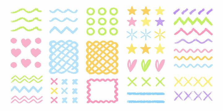 Colorful crayon scribbles and shapes arranged on a white background