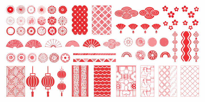 Red traditional chinese patterns and elements arranged in rows