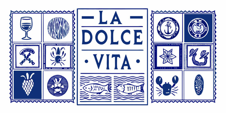 A collection of blue and white illustrated postage stamp style designs