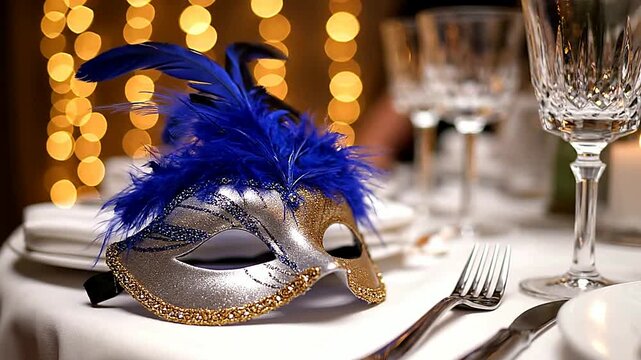 Close up of masquerade mask sitting on table at banquet or Close up of tableware set for dining at banquet