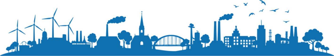 Obraz premium Blue silhouette cityscape with wind turbines and industrial buildings and trees and birds