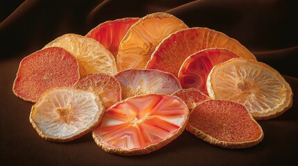 Collection of vibrant polished agate slices displaying orange red and white banded mineral textures