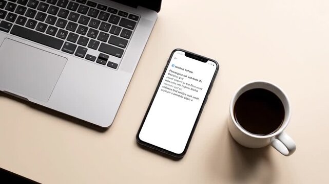A static overhead view of a laptop, smartphone, and coffee mug on a beige desk. The phone screen illuminates over the 8-second sequence, revealing a text notification or alert.