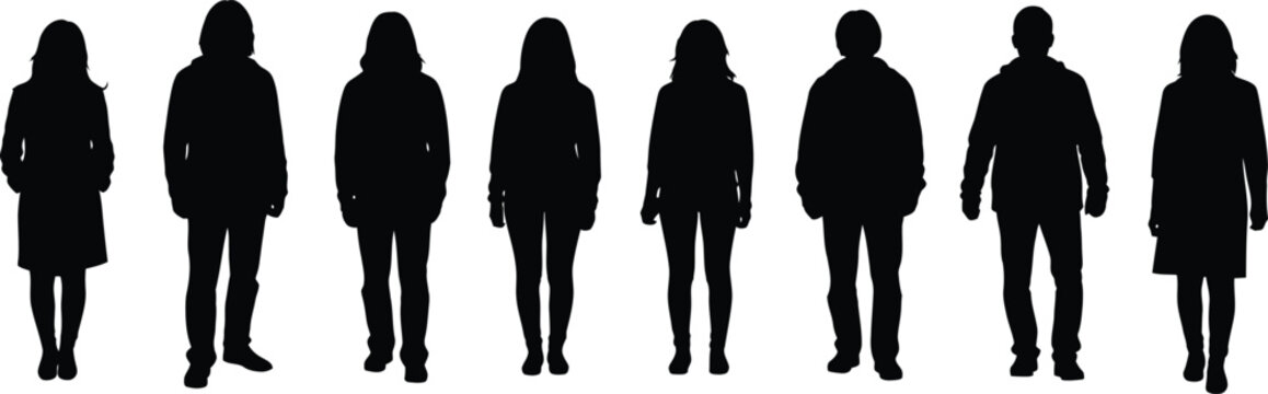 Set of eight standing human silhouettes in different outfits and poses on transparent  background