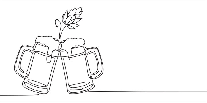 Continuous line drawing of two beer mugs toasting with a hop cone