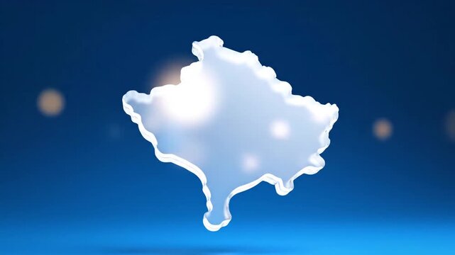 A pristine 3D glass outline of the Kosovo map floats and rotates slowly against a deep blue background, accentuated by shimmering bokeh lights, suggesting a modern national identity presentation.