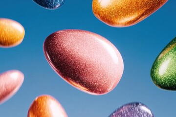 Colorful gems float in a blue sky creating a bright and shiny scene during the daytime