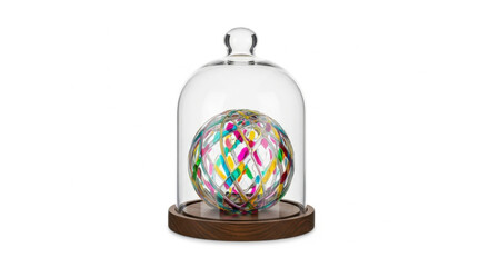 Colorful Threaded Ball Under Glass Dome on Wooden Base
