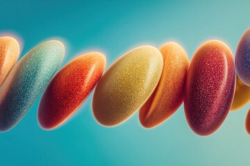 Colorful candies lined up against a bright background in a creative display for a fun treat experience