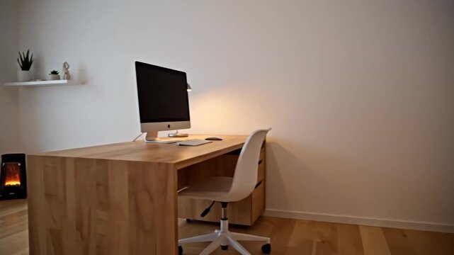 An empty, brightly lit modern room is quickly furnished to create a complete home office setup. A large wooden desk and computer system smoothly materialize against the white wall.