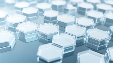 Obraz premium Numerous transparent hexagonal prisms arranged in a repeating pattern on a reflective blue surface