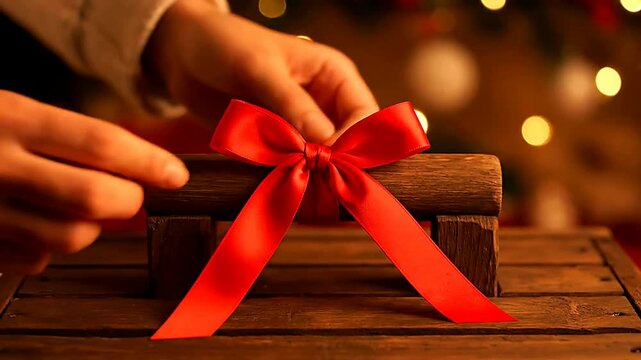 Close up of ribbon being tied on box on table | Close up of hands tying ribbon on box on table