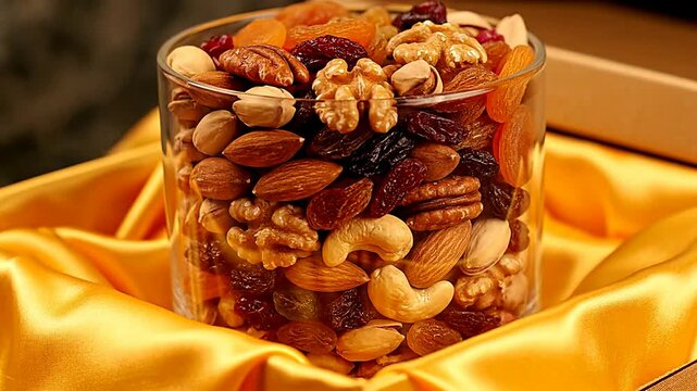 Close up of nuts in a glass container sitting on fabric or Macro of assorted nuts filling a clear container