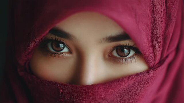 Close-up of Beautiful Asian Woman with Niqab and Hijab Focusing on Expressive Brown Eyes