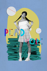 Naklejka premium Pop image sketch 3d collage poster of happy girl guy stand book stack library education bookworm hobby university student learner