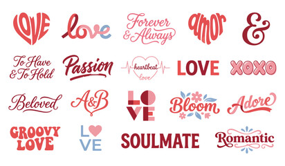 Naklejka premium Romantic love typography vector set with hand lettering words like love, soulmate, passion and forever, red and pink Valentine quotes collection for wedding, greeting cards and design