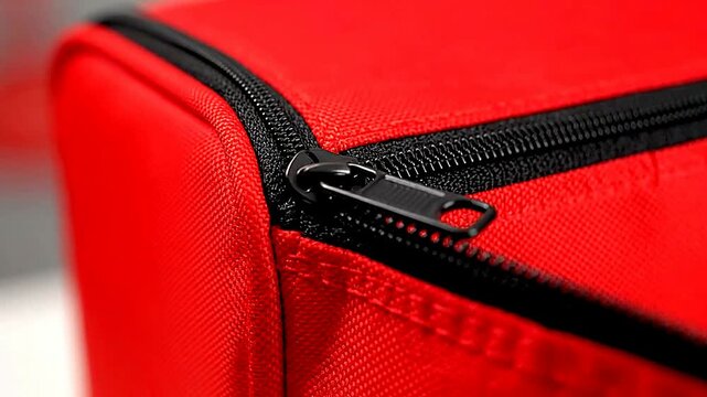 Close up of zipper securing a red bag or Macro of zipper securing a red bag