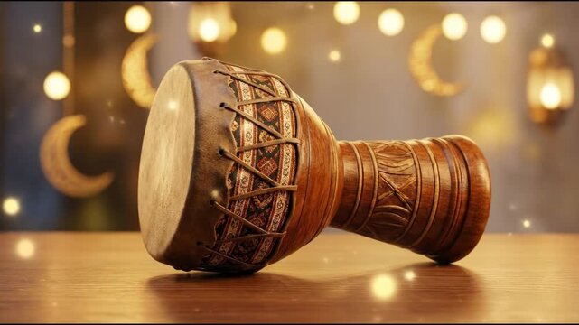 Traditional wooden goblet drum instrument on table with hanging crescent moons and warm bokeh lights for Ramadan and Eid celebration