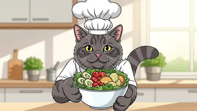 Cartoon cat chef holding fresh salad in a bright kitchen