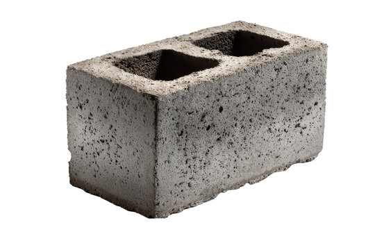 Concrete cinder block with hollow cores, rough cement texture, sharp edges with slight chips and heavy realistic material detail, isolated on transparent background.