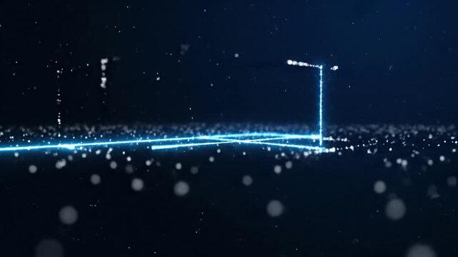 A luminous blue line draws a square base on a particle field, rapidly forming a detailed 3D wireframe structure against a dark, cosmic backdrop, symbolizing data construction and futuristic technolog