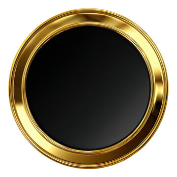 Thick circular ring badge with black inner fill and polished gold rim, high gloss finish, strong metallic reflections and premium emblem look, isolated on transparent background.