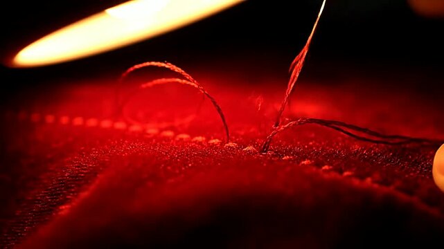 Close up of needle stitching fabric under light or Close up of a hand sewing thread into fabric