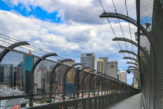 Modern City Skyline View from Harbour Bridge Walkway in Sydney