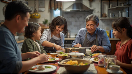 Family enjoying a meal together in a cozy kitchen