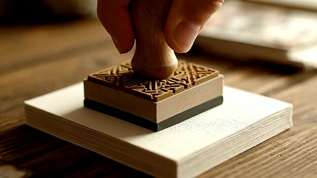 Close up of stamp pressed on paper on table or Close up of hand stamping paper on wooden table