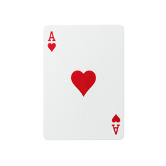 Obraz premium Single playing card showing ace of hearts with a red heart pip, crisp print details, clean white surface and sharp edges, isolated on transparent background.