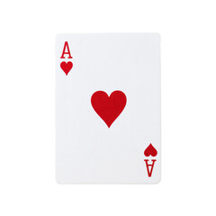 Obraz premium Single playing card showing ace of hearts with a red heart pip, crisp print details, clean white surface and sharp edges, isolated on transparent background.