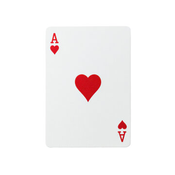 Single playing card showing ace of hearts with a red heart pip, crisp print details, clean white surface and sharp edges, isolated on transparent background.