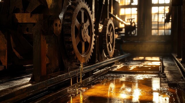 Close up view of large rusty industrial gears with oil dripping in a dimly lit factory interior