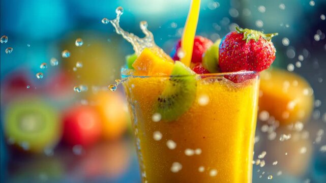 Smoothie splash with fruit like strawberry orange and kiwi. This healthy juice pouring liquid refreshment concept shows dynamic motion and organic nutrition for a vibrant lifestyle in 4k.