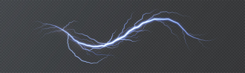 Blue lightning with branching electrical discharges and a soft glow, isolated on a dark background. This electrical discharge effect is suitable for magical overlays in design and illustrations.