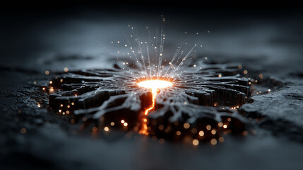 A powerful orange glowing core erupts with light and particles from a dark, cracked surface, symbolizing energy release, data breakthrough, or a complex system's activation.