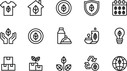 Line icons illustrating sustainability, environmental protection, recycling, and organic product concepts isolated on white background