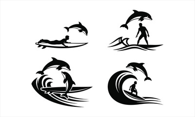 Obraz premium Dolphin jump over surfboard vector silhouette illustration design set collection, dolphin silhouette, dolphin jumping over surfboard silhouette, dolphin leaping surfboard vector, dolphin and surfboard