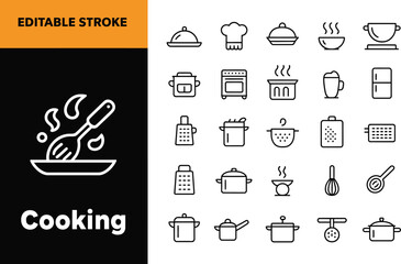 Outline icons collection of essential kitchen appliances and cooking utensils for food preparation isolated on white background