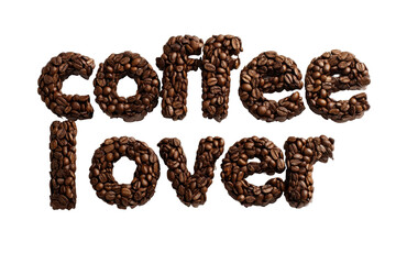 Fototapeta premium Words coffee lover spelled in coffee bean textured letters with roasted brown surface detail, subtle highlights and soft shadow, crisp cutout isolated on transparent background.