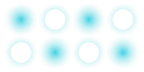 Dotted simple blue gradient halftone effect spots set. Isolated vector dotted circles technology design elements abstract modern simple