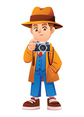 Little boy detective in holding a vintage camera to take photos. Vector cartoon character illustration