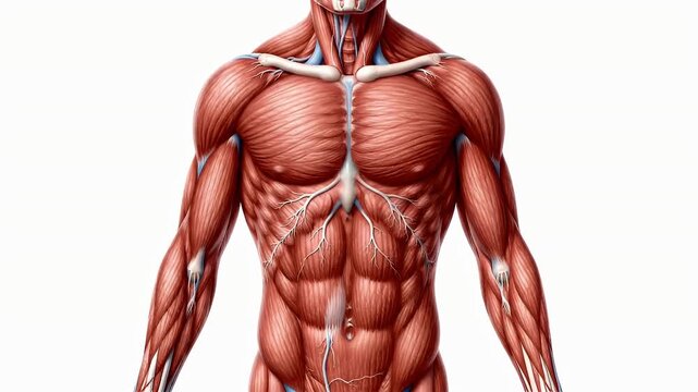 Torso Musculature and Anatomy Illustration on White Background with Detailed Muscle Fiber Structure and Vascular System