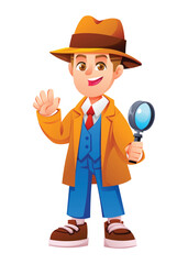 Cute boy detective holding a magnifying glass and waving his hand with a smile. Vector cartoon character illustration