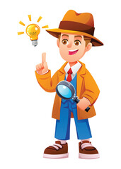 Smart boy detective wearing a hat and coat pointing at a bright idea light bulb. Vector cartoon character illustration